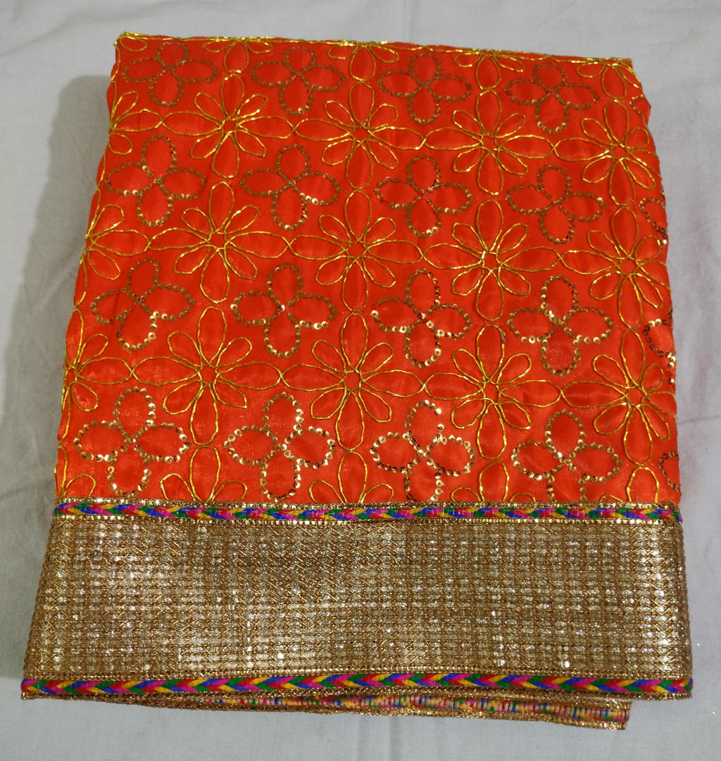Lakshmi Maa Collection Rumala Double Set with Skin with 3D Orange & Golden Flowers with Golden Outline,Golden Gota & Designer (4 PEC.)