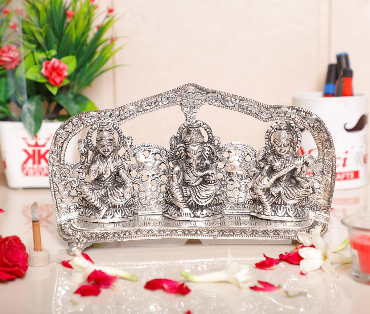 KridayKraft Silver Plated Laxmi Ganesha Saraswati Murti LGS Metal Statue Decorative Showpiece Figurines Religious Idol Sculpture for Decoration & Pooja Gifting Purpose