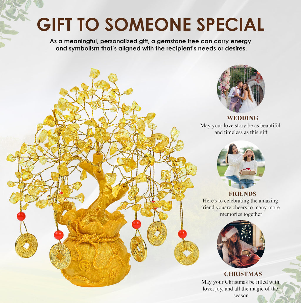 Crocon Citrine Crystal Tree of Life – Feng Shui Money Tree with 6 Coins & Potli Base – Reiki Healing Bonsai Tree for Wealth & Abundance – Crystal Tree for Positive Energy & Home Decor