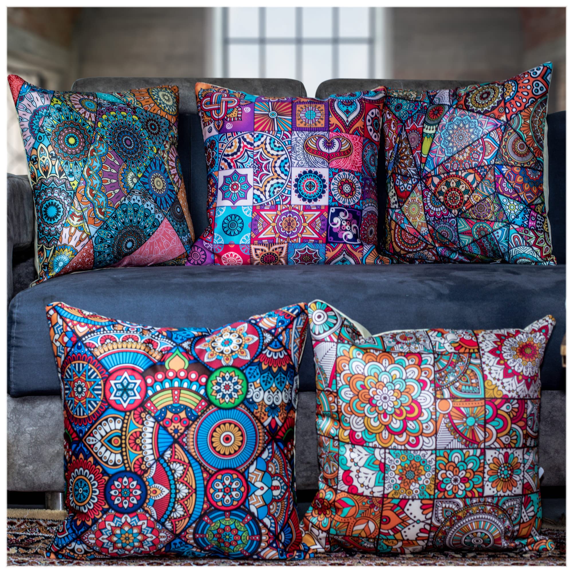 Vendola Merhaba Microfiber Satin 250TC Cushion Pillow Covers, Multicolor, Set of 5(Affwan,24x24 Inches)