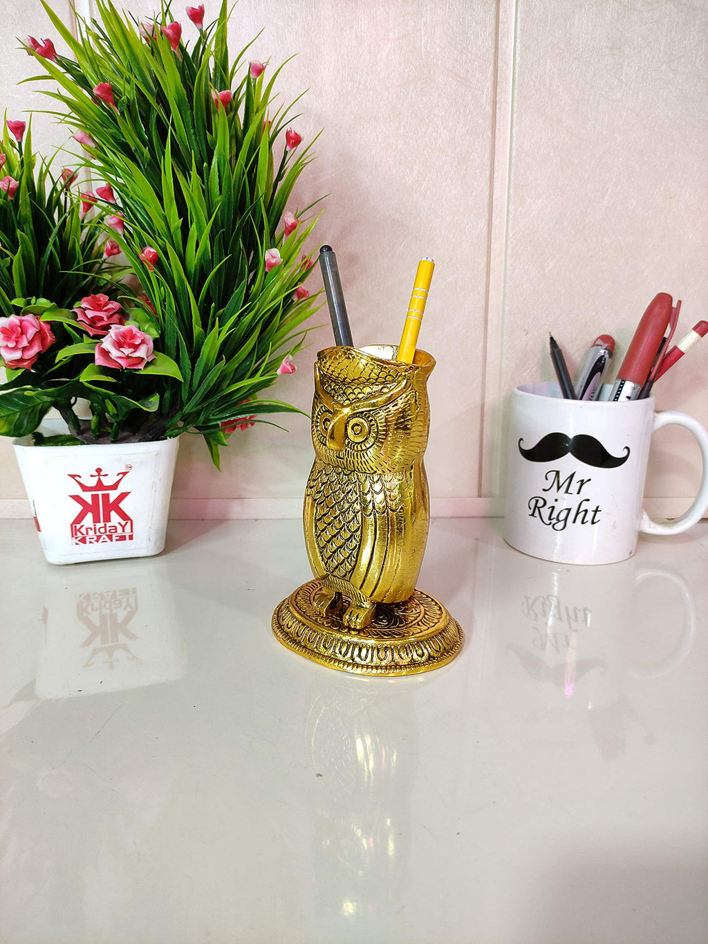 KridayKraft Metal Owl Shape Beautiful Pen Stand/Holder Decorative for Home, Office & Table Gift for have House Warming, Birthday...