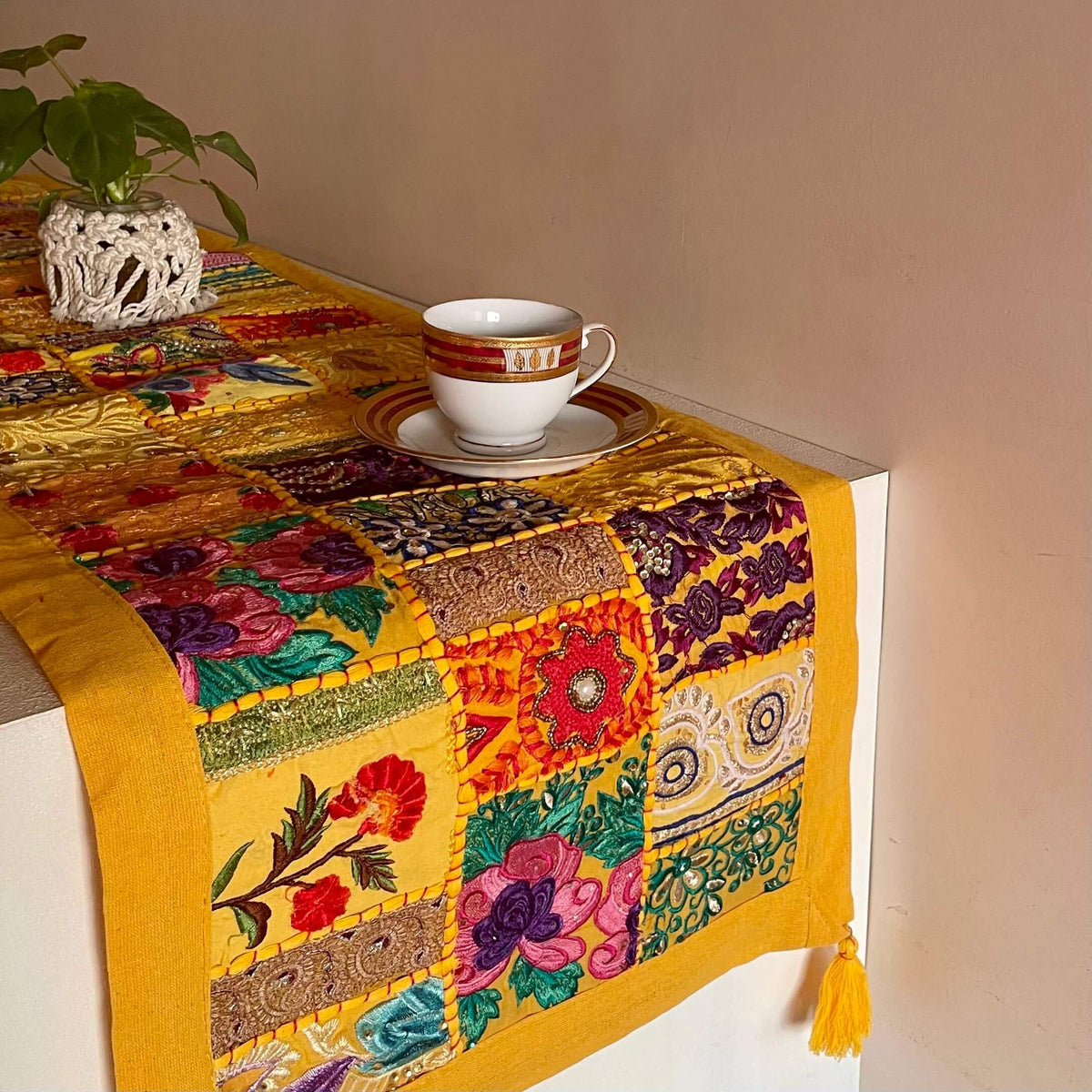 ATRANGI STUDIO Patchwork Table Runner | Traditional Rajasthani Khambadiya Craft | Handmade Dining Table Runner for Home Decor | Colourful Dining Setup | 16x72 Inch, Yellow