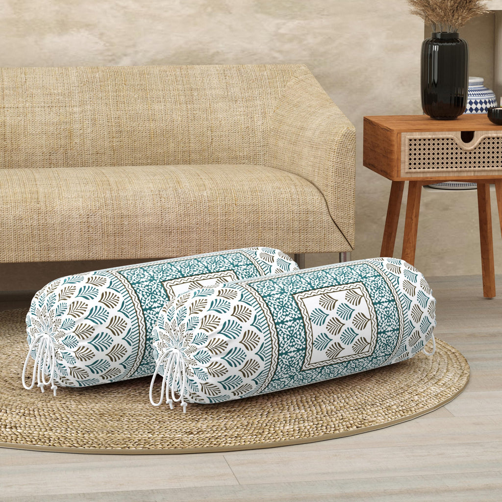 BLOCKS OF INDIA Cotton Hand Block Printed Bolster Cover | Booster Cover with Drawstring | Round Long Pillow Cover for Bed | Dewan Pillow Cover Set 16 X 32 | Set of 2 (Green Motifs)