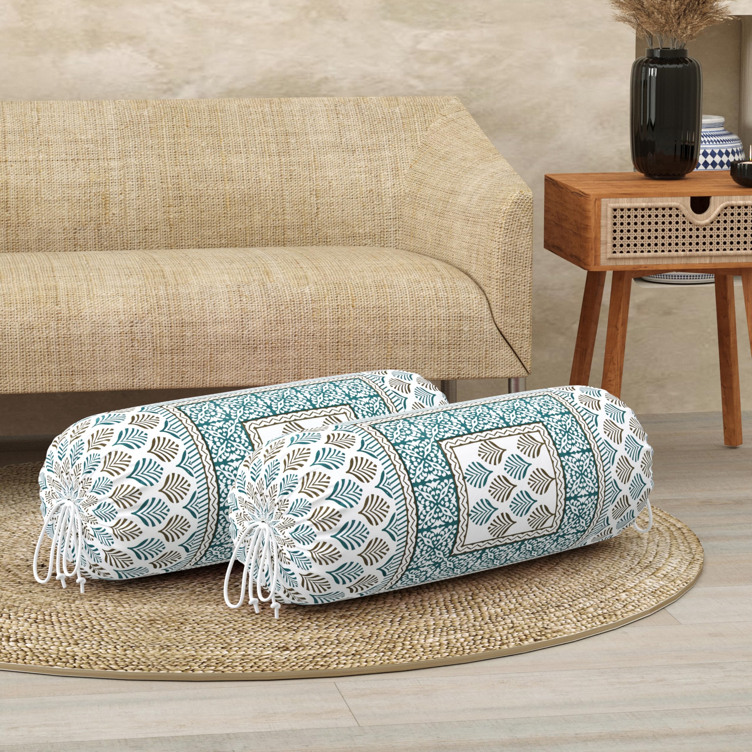 BLOCKS OF INDIA Cotton Hand Block Printed Bolster Cover | Booster Cover with Drawstring | Round Long Pillow Cover for Bed | Dewan Pillow Cover Set 16 X 32 | Set of 2 (Green Motifs)