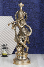 ARTVARKO Brass Flute Playing Krishna Statue God Religious Idol Krishan Figurine Home Decor(Gold Color 16 Inch)