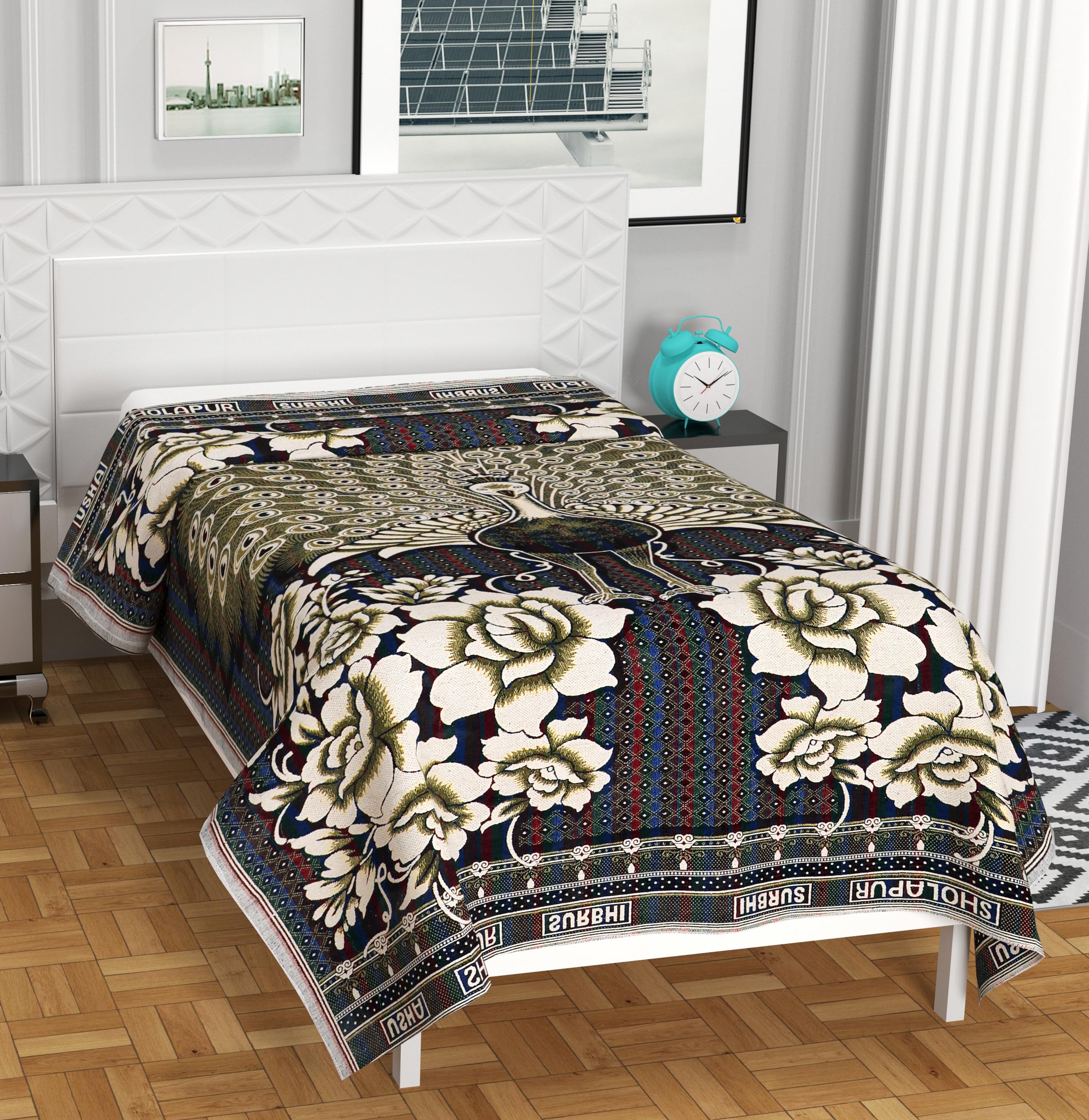 RVS DECOR Solapur Chaddar Single Bedsheet | Premium Floral 300 TC Cotton Chaddar | Soft, Durable,Elegant & Long-Lasting Comfort. Size (90 x 60) (Black) Kafalo