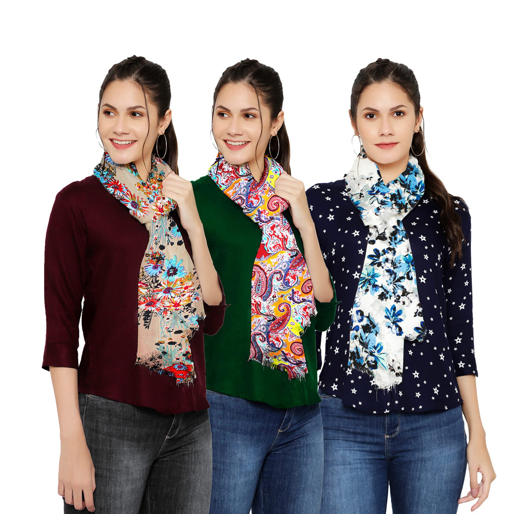 bratkrok WOMEN'S TRENDY FLORAL PRINTED RAYON SCARVES/STOLES MULTICOLOUR (PACK OF 3)
