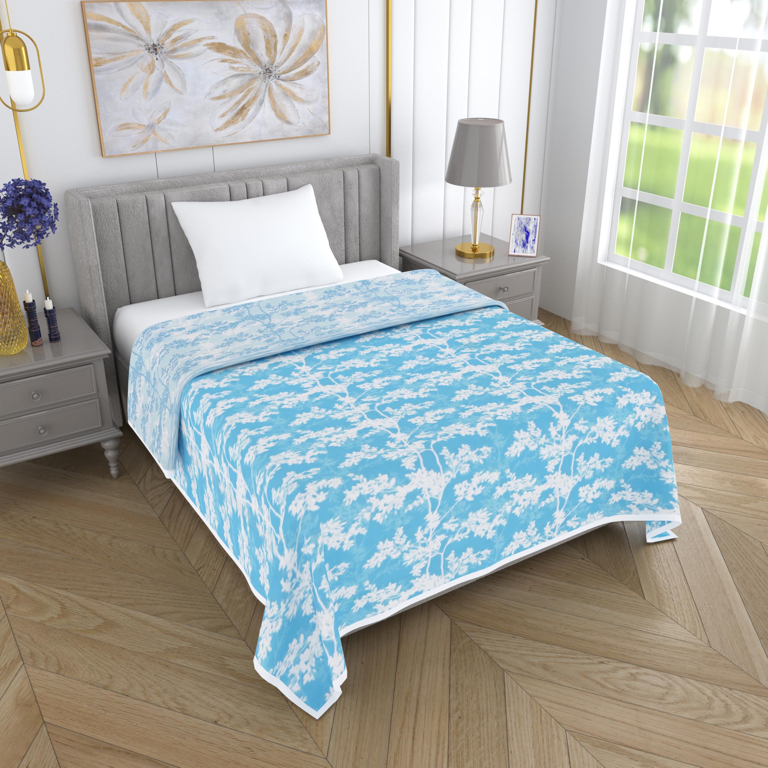 Mafatlal Sparsh Dohar Single Bed, 150 GSM Pure Cotton Malmal, Reversible AC Blanket, Soft & Breathable Cotton Blanket for Summer, Monsoon & Winter, 147 x 223 cm, Soft Blue Kafalo