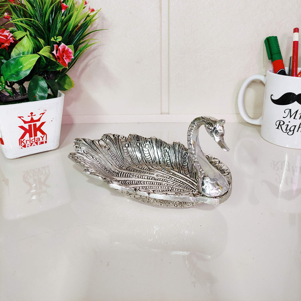 Kridaykraft Metal Duck-Shaped Dry Fruit Tray Bowl – Handcrafted Decorative Silver Finish Dish for Tabletop & Home Décor – Elegant Centerpiece for Festive, Living Room or Gift Use (19 x 9 x 10 cm)