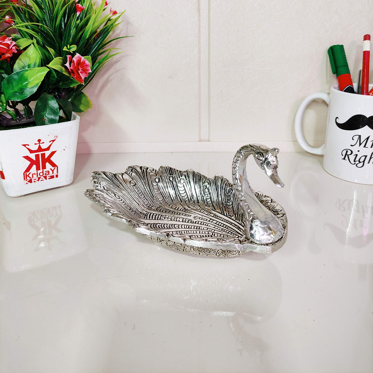 Kridaykraft Metal Duck-Shaped Dry Fruit Tray Bowl – Handcrafted Decorative Silver Finish Dish for Tabletop & Home Décor – Elegant Centerpiece for Festive, Living Room or Gift Use (19 x 9 x 10 cm)