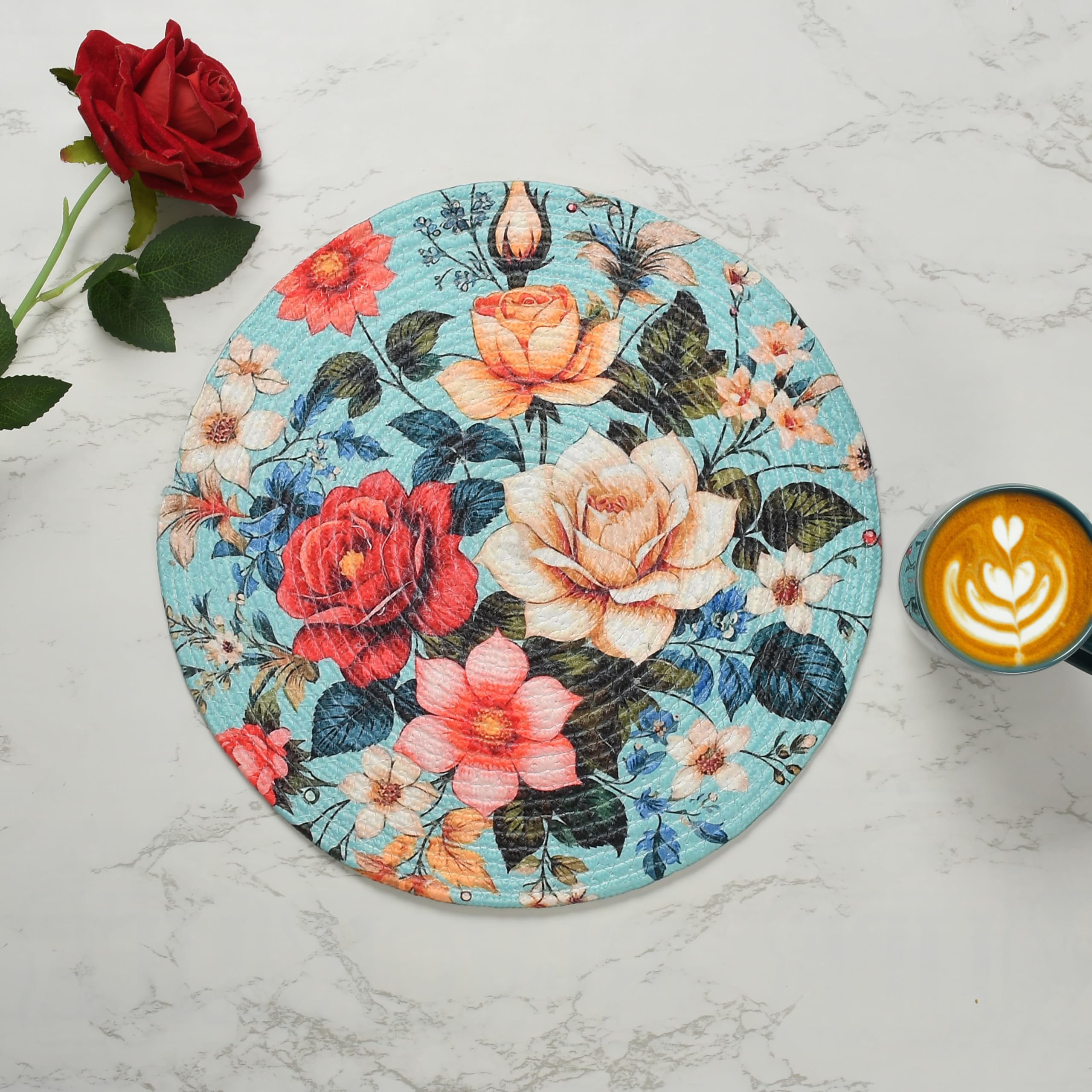LaVichitra Cotton Table Placemat | Dining Table Mat | Bed Side Table Mat | Cotton Round Shape Placemats | Washable PlaceMat for Shelves & Plant Pots - Pack of 4, Blossom Kafalo