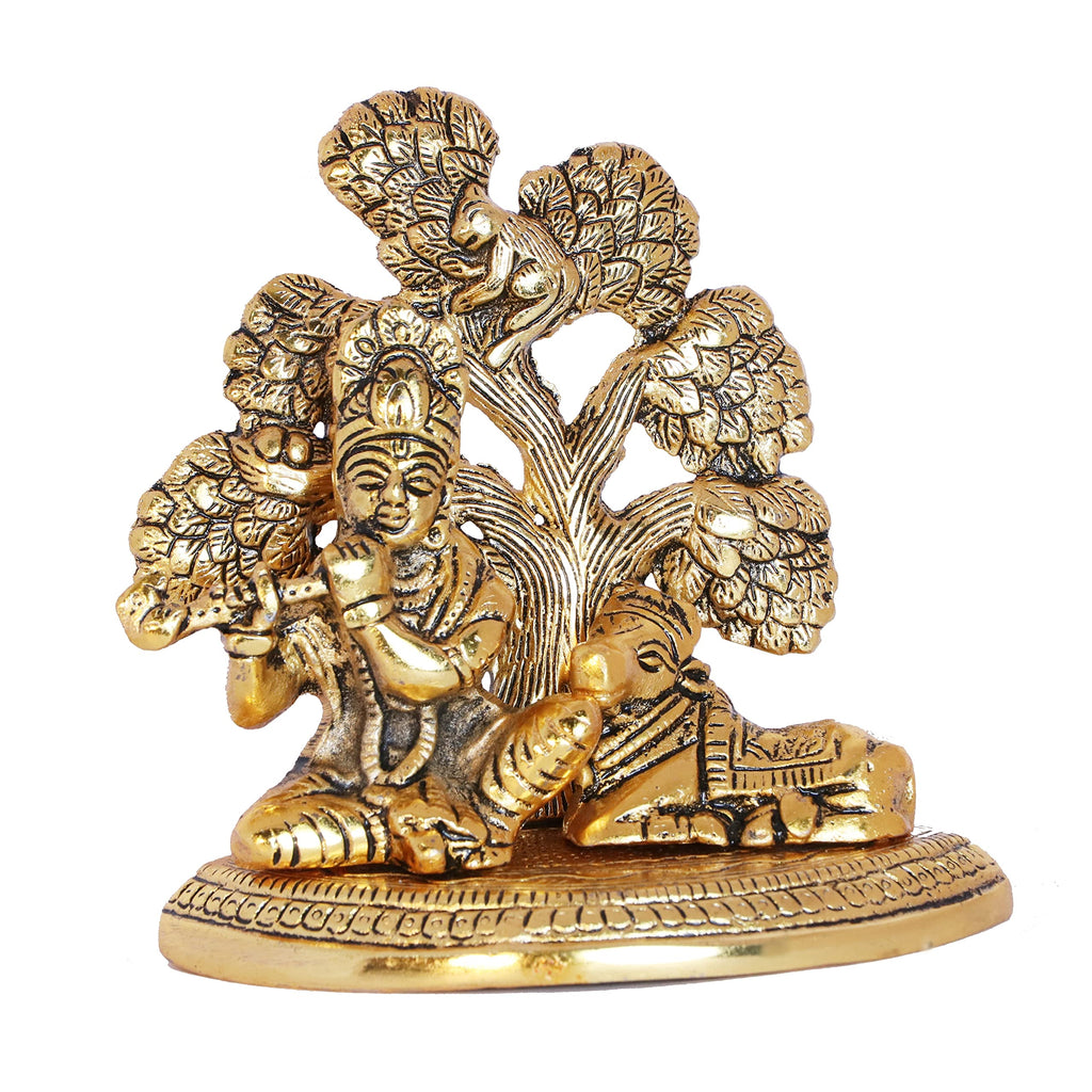 KridayKraft Lord Krishna Metal Statue, Krishna Murti Playing Flute with Cow for Temple Pooja, Decor Your Home, Office & Gift Your Relatives, Showpiece Figurines, Religious Idol