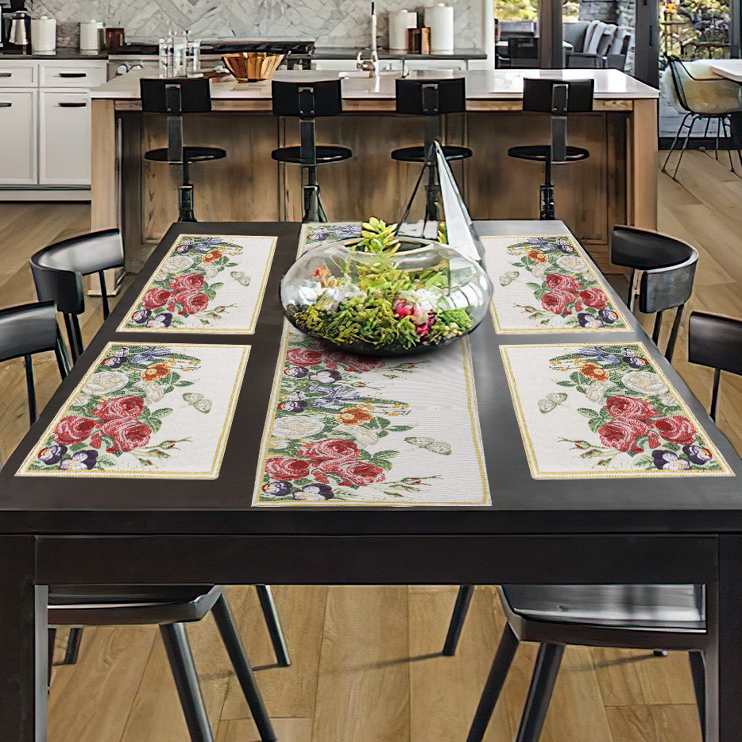 PRAKARTIK BY INDUARTS Rose Flower & Leaves Eco-Friendly Cotton Dining Table Mats with Runner – Reusable, Machine Washable, Everyday Use Red & Yellow Rectangular Placemats, Set of 4+135 cm Runner Kafalo
