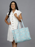 Ravaiyaa - Attitude is everything Women & Man Beautiful Printed Cotton Grocery Shopping Bag | Shoulder Bag | Cotton Tote Bag | Travel Tote Bags 18x5.5x16 Inch (Turquoise White Floral)
