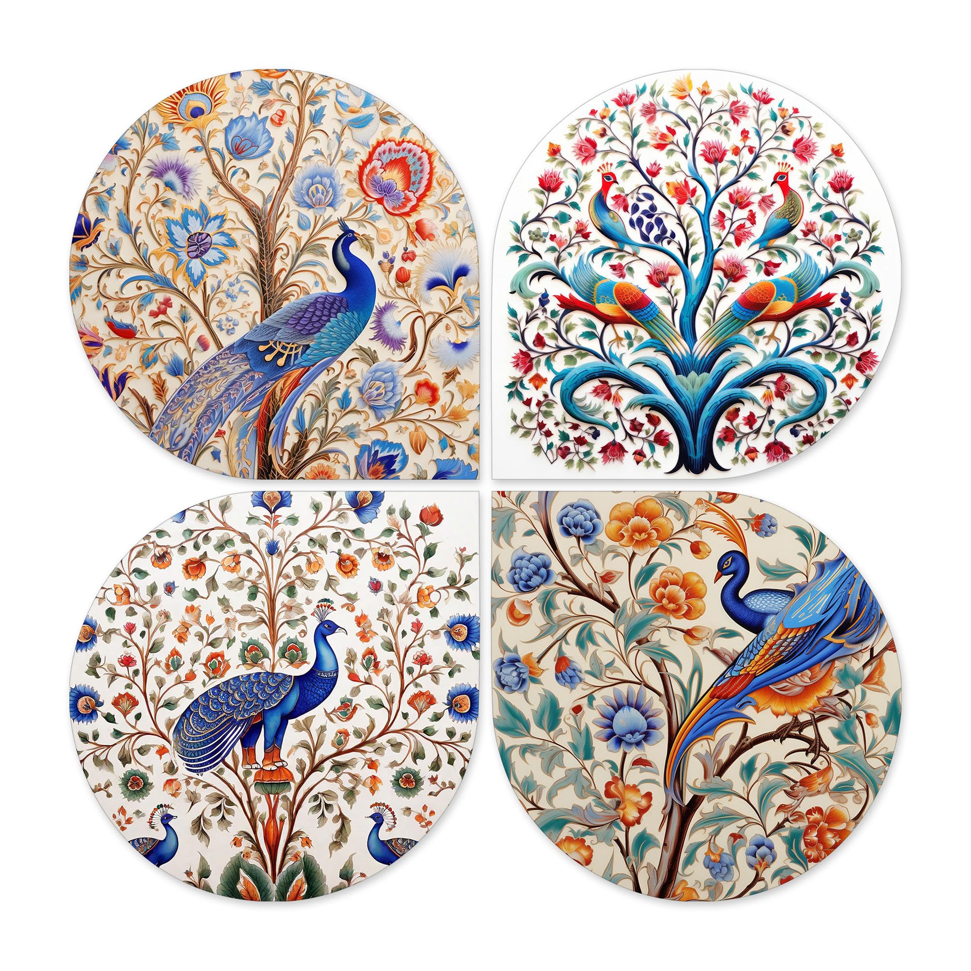 Artvibes Floral Peacock Decorative MDF Wooden Wall Art for Home | Wood Decorative Items | Modern Decoration | Artwork | Festive Decor | Wall Poster | Handcrafted Art | Unique Gift (WH_8434N), Set of 4