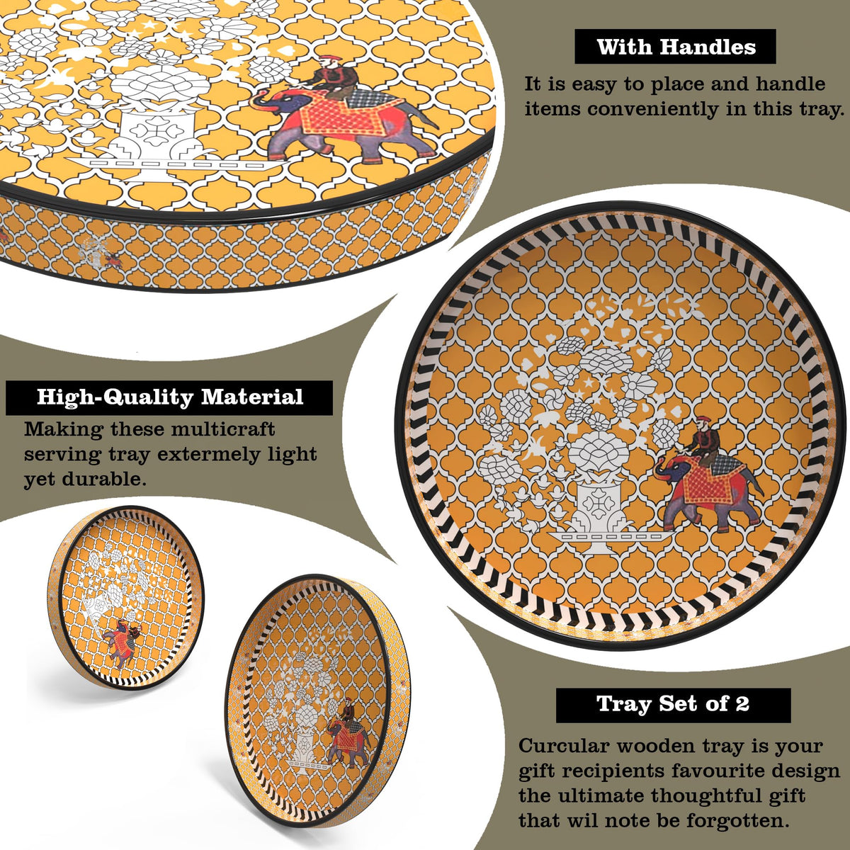 VDIX Handcrafted Wooden Serving Tray Set of 2 | Fancy Round Decorative Trays with Floral & Bird Design | Premium Serving Trays for Coffee, Snacks & Home Décor | Kitchen & Dining Gift