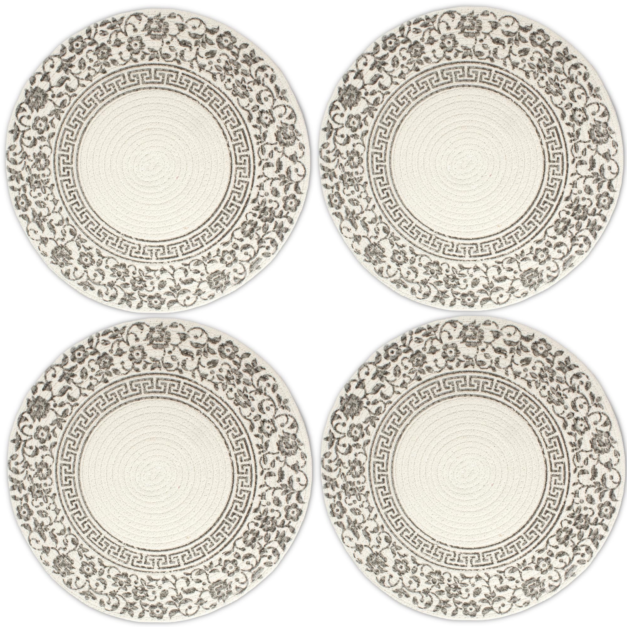 Encasa XO Dining Table Mats, Round Ribbed Cotton, Heat Resistant Grey Kafalo