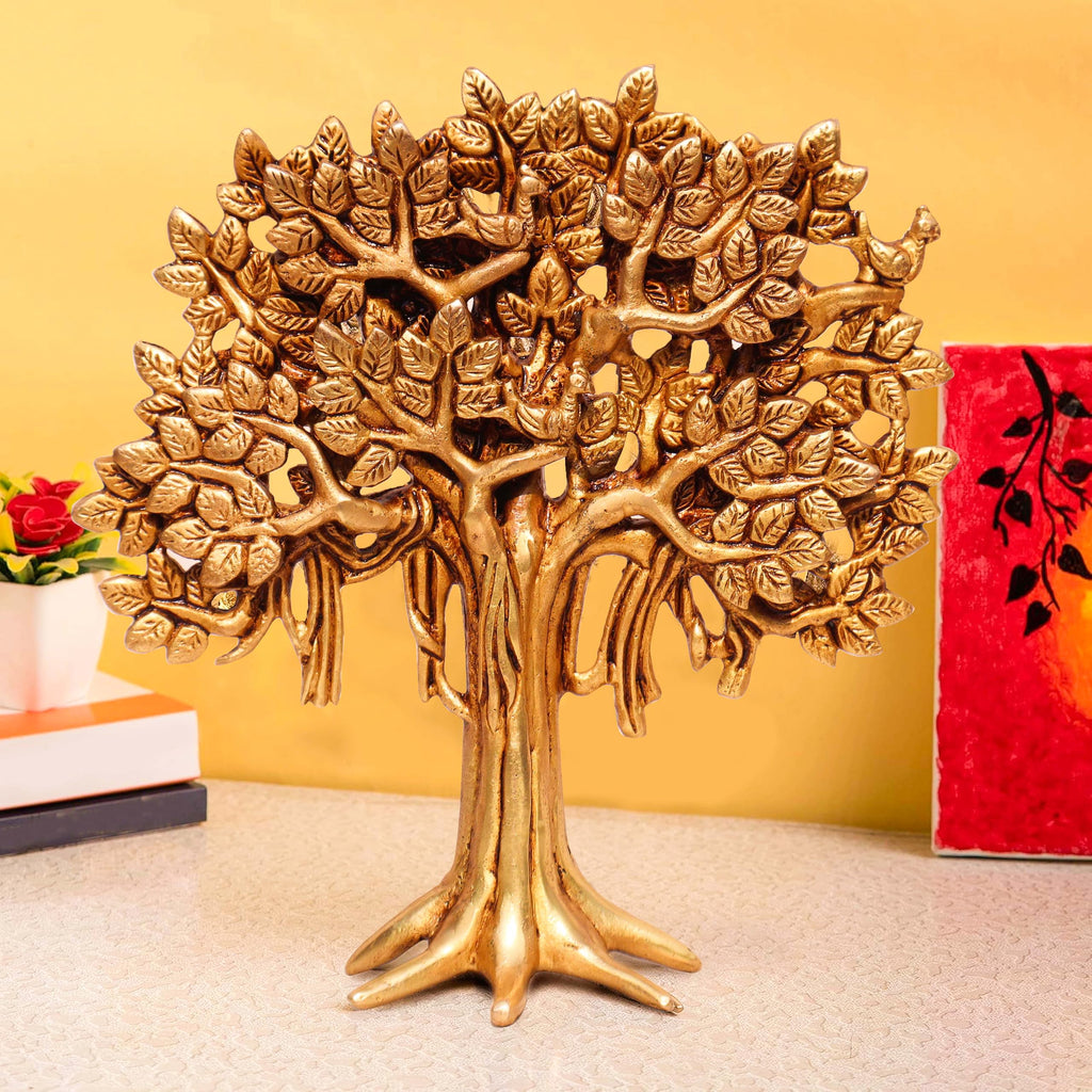 Pure Source India (Pure Brass Kalpavriksha Tree Sculpture for Home, Office & Spiritual Décor (Height: 7.5 inches) with Yellow Antique (866 gm)