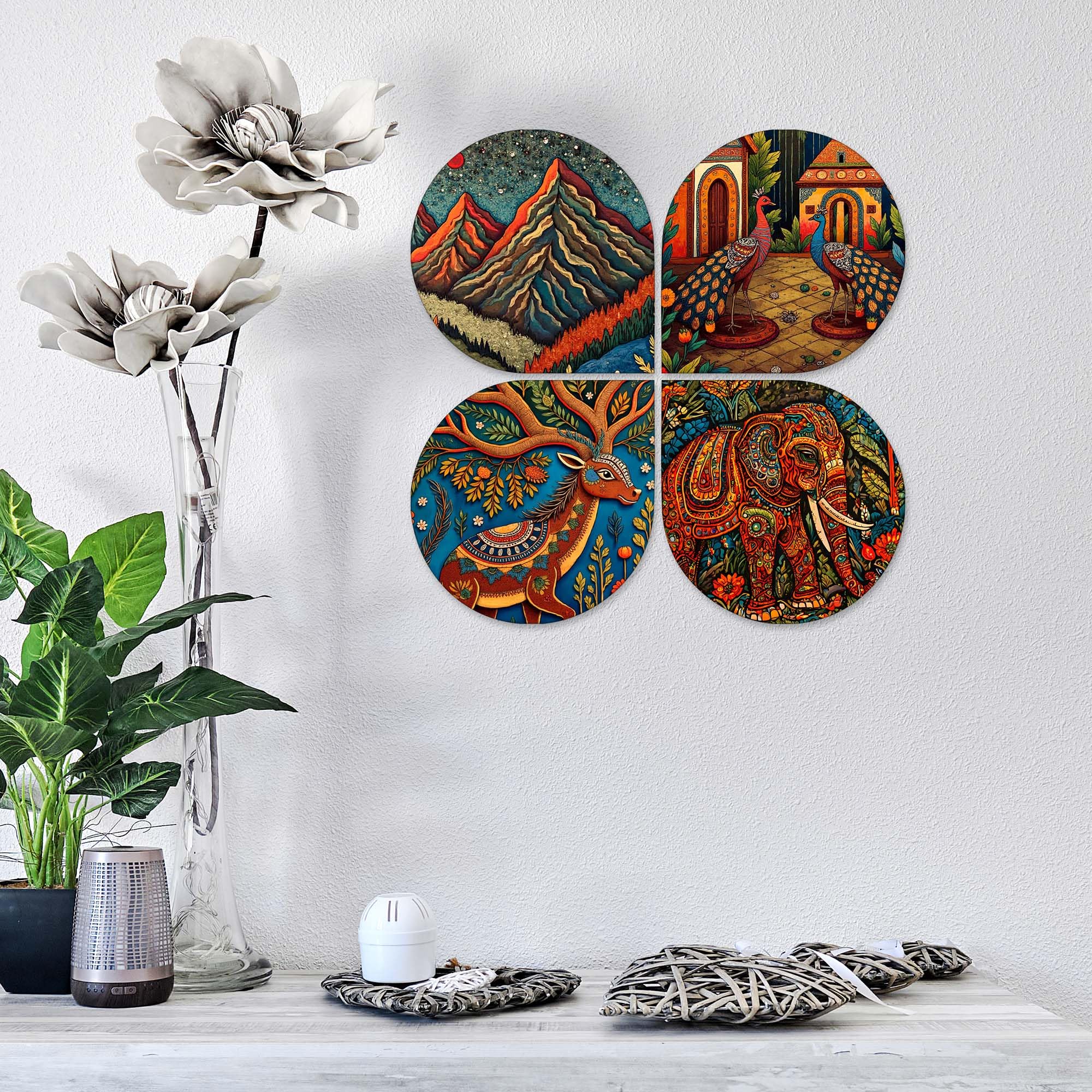 Artvibes Nature & Wildlife Wooden Art Decoration Item for Home | Living Room | Office | Cafe | Painting Wall Decor | Aesthetic Wooden Decor | Handcrafted Art | Ideal Gifts (WH_8452N), Set of 4