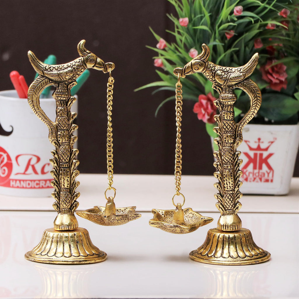 Kridaykraft Parrot Design Metal Hanging with Chain Diya Pair of Parrot Design Bird Diya Deepak Oil Lamp Metal Gold Finish