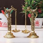 Kridaykraft Parrot Design Metal Hanging with Chain Diya Pair of Parrot Design Bird Diya Deepak Oil Lamp Metal Gold Finish