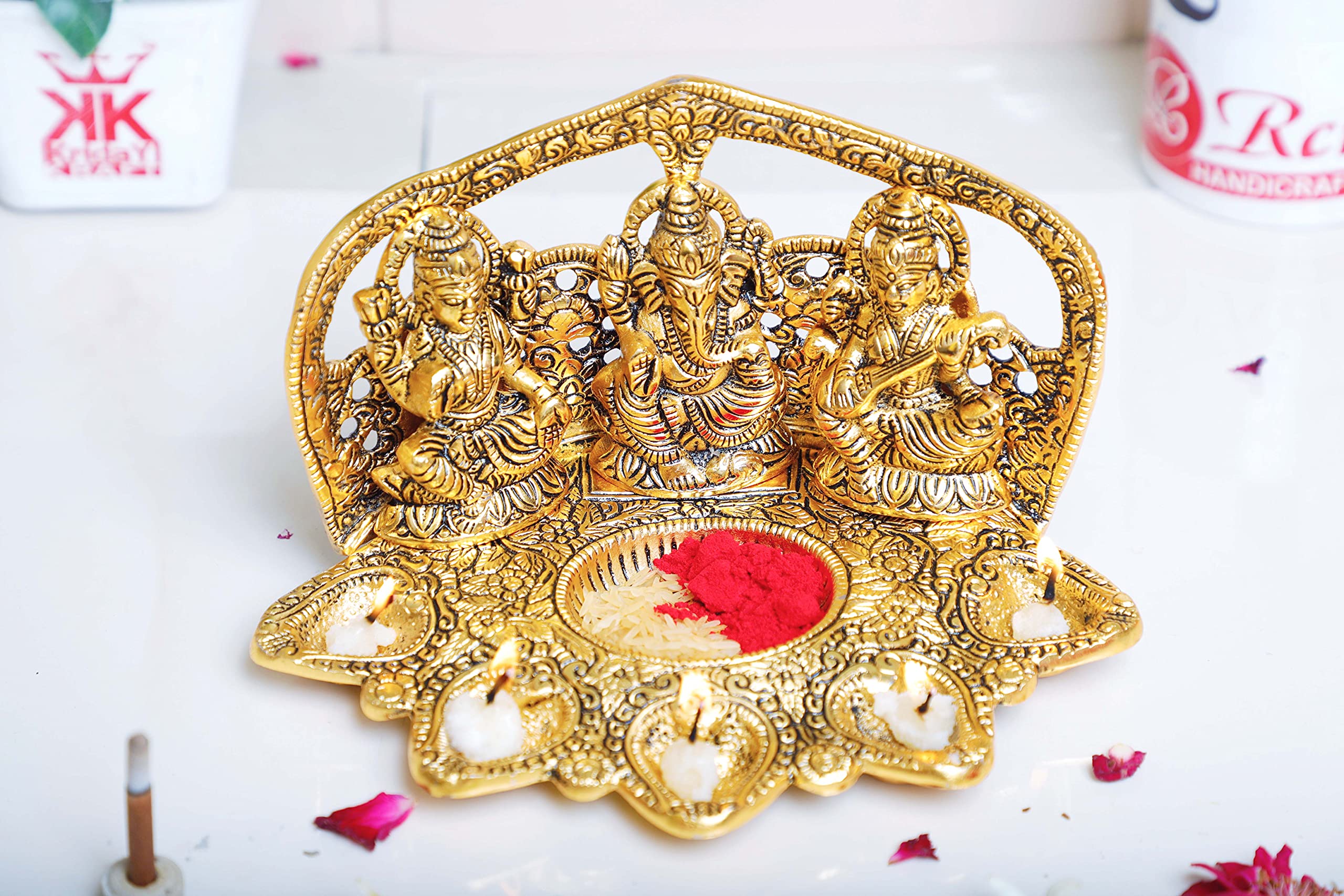 KridayKraft Laxmi Ganesha Saraswati Metal Idol with Diya – Handcrafted Religious Statue for Pooja Room, Home Temple & Festive Décor – Auspicious Showpiece and Gift Article for Diwali