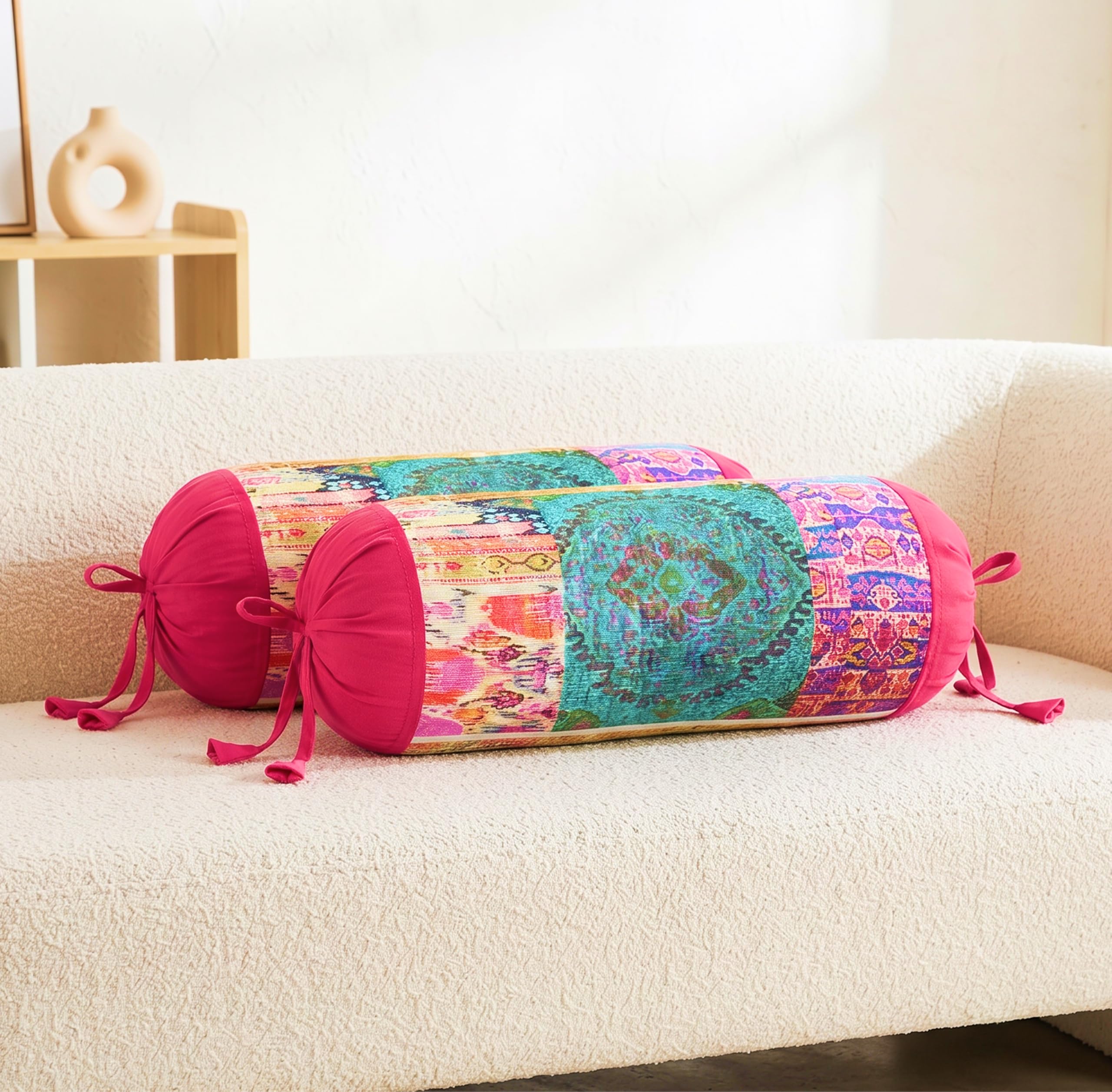 SAJAVAT HOME Printed Multicolour Bolster Cover | 32x15 Inch Round Side Pillow Covers with Adjustable Ties | Stylish Diwan Cushion Covers for Sofa, Bed & Couch Pack of 1