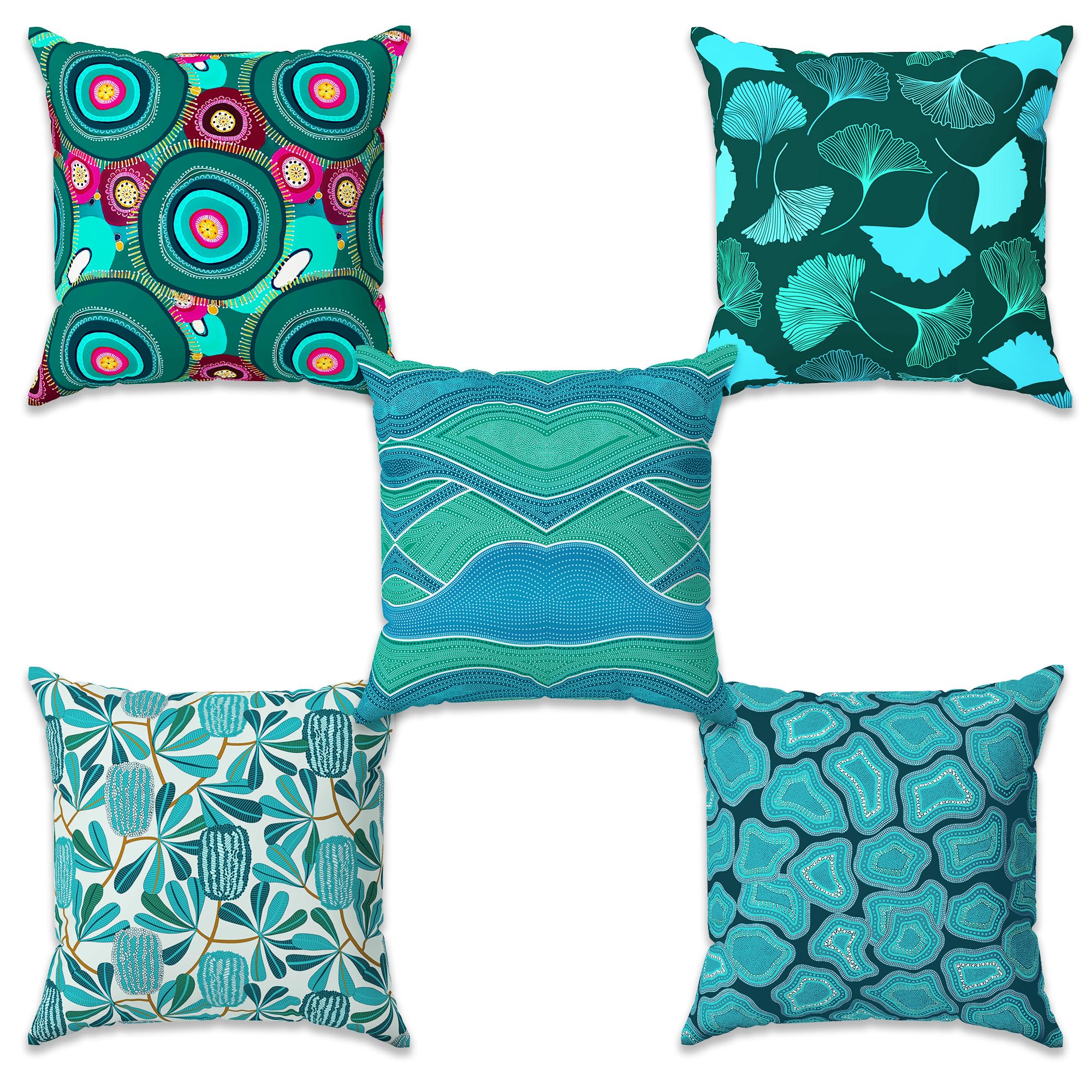 Story@Home Aqua Blue & Teal Abstract Cushion Cover Set of 5 | 16 x 16 Inch| Digital Printed Decorative Pillow Covers | Soft Polyester Cushion Covers for Sofa, Couch, Living Room & Bedroom Decor
