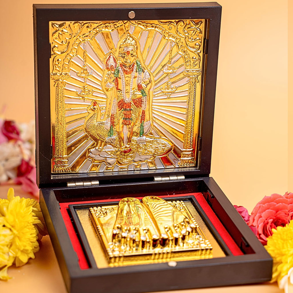 anciently Murugan Pocket Temple with Charan Paduka for Diwali Gift, House Warming Gifts, Return Gift Puja Box (Square Shaped, Gold Plated, 1 Piece)