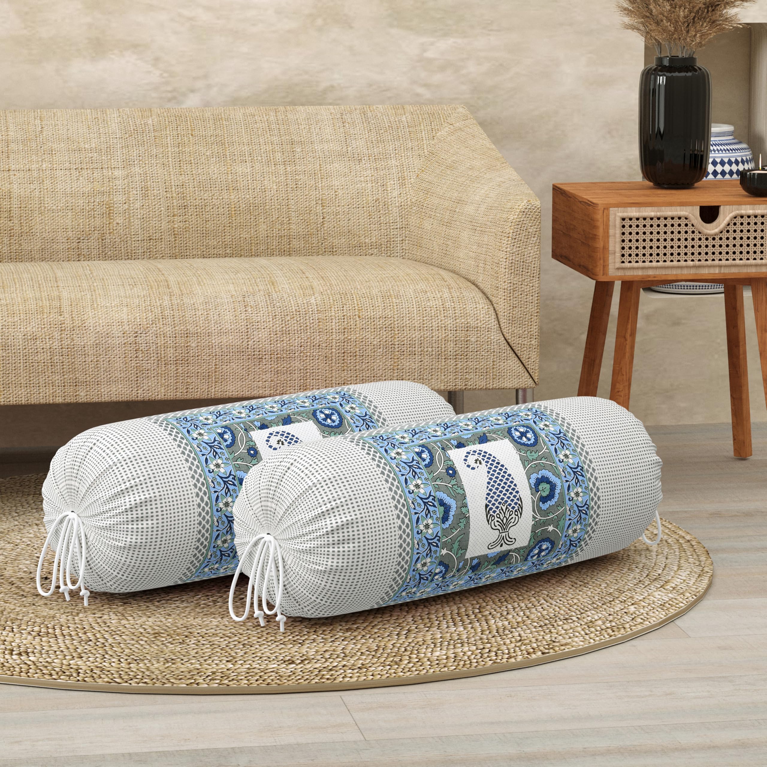 BLOCKS OF INDIA Cotton Hand Block Printed Bolster Cover | Booster Cover with Drawstring | Round Long Pillow Cover for Bed | Dewan Pillow Cover Set 16 X 32 | Set of 2 (Color 37)