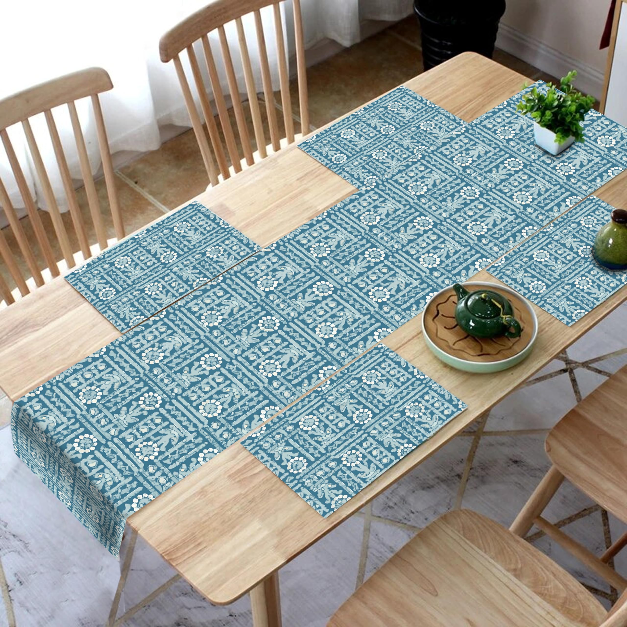 Furnishya Dining Table Mats 4 Pieces with 1 Table Runner - Elegant & Washable Dining Mats with Runner 13X60 inch Kafalo