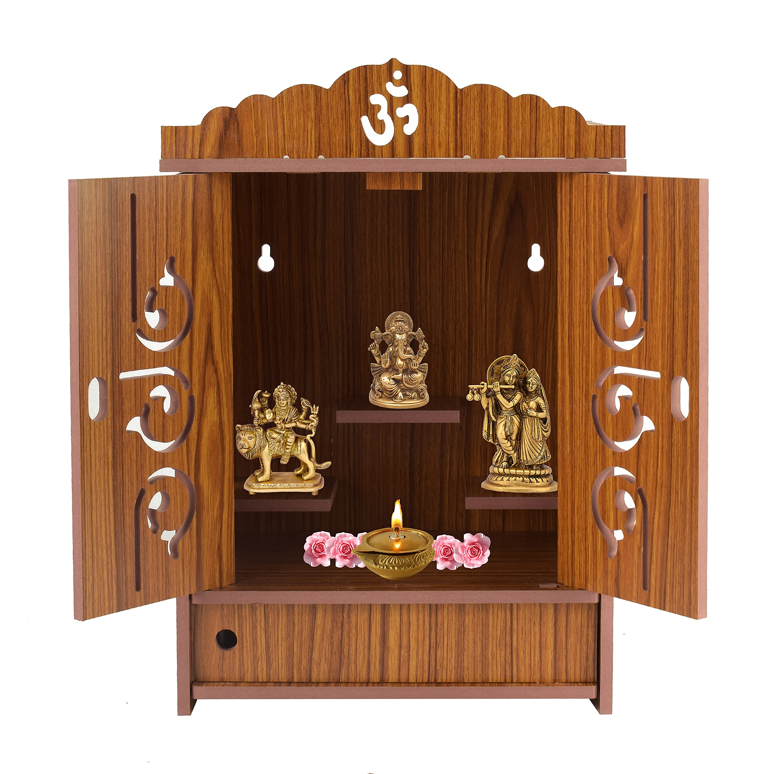 AVAD Wooden Door Temple | Attractive Beautiful Wooden Temple | Handmade Pooja mandir | Temple for Home and Office (Red)