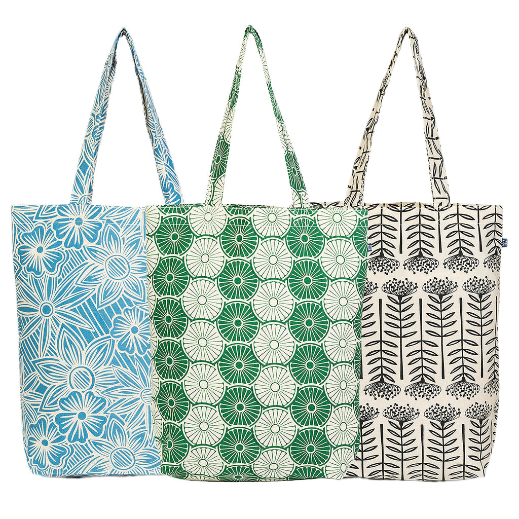 AQVA Printed Pack of 3 Cotton Tote Bag for Women | Trendy Stylish Multipurpose Handbags for Daily Use | Shoulder Bag for Shopping, Beach, Travel and Grocery | Set 2