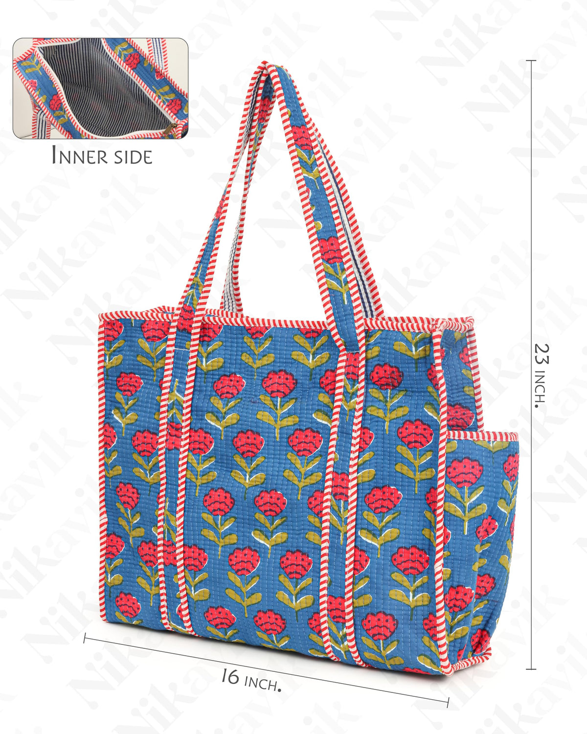 NIKAVIK Quilted Cotton Tote bag – Exotic Animal Print Foldable and Ideal for Travel Shopping Beach Trips or Daily Essentials (Blue red)