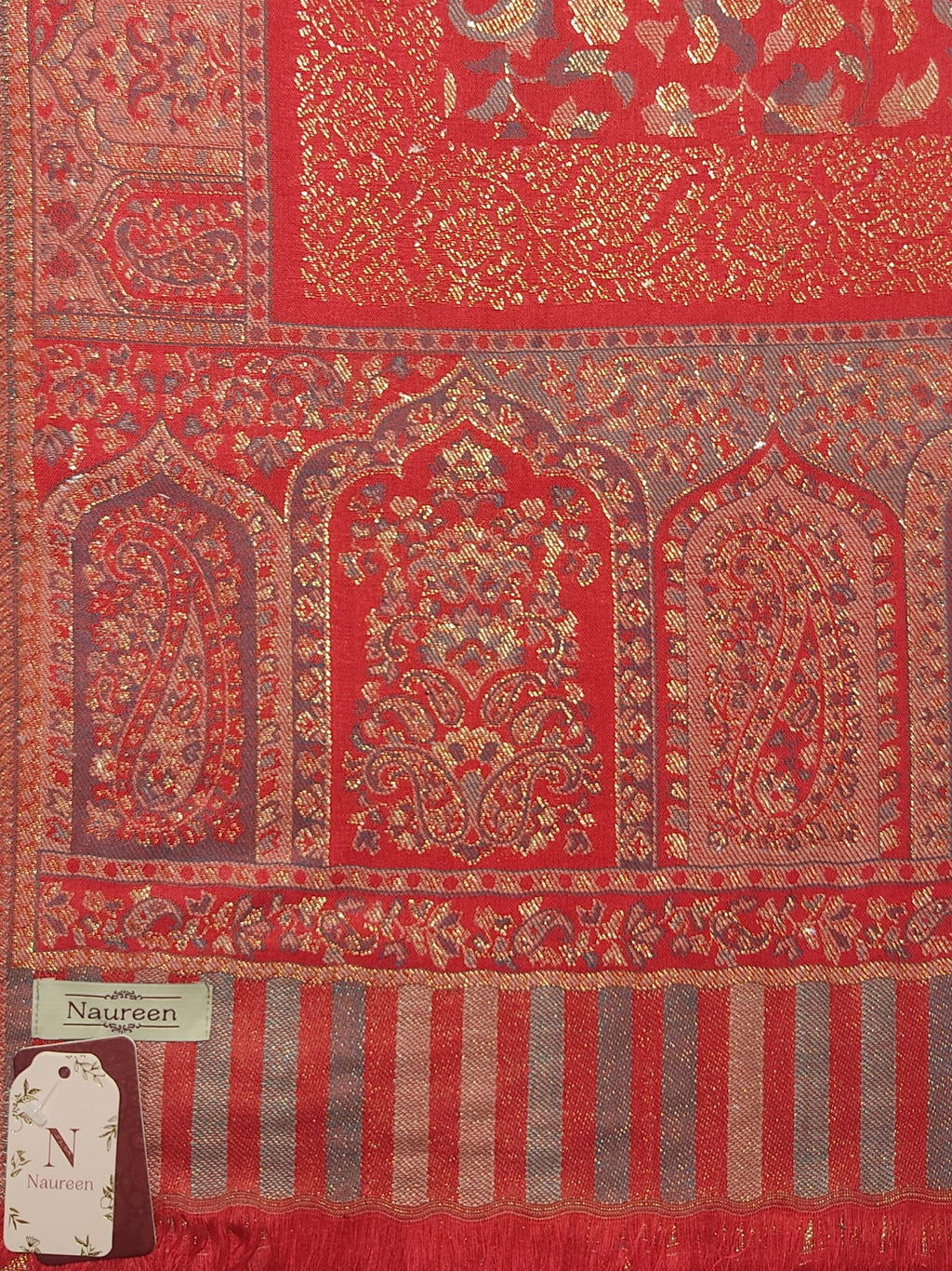 Naureen Women Faux Pashmina Kani Stole with Mughal Artwork and Zari Accents, Warm and Soft, 28x80 inch