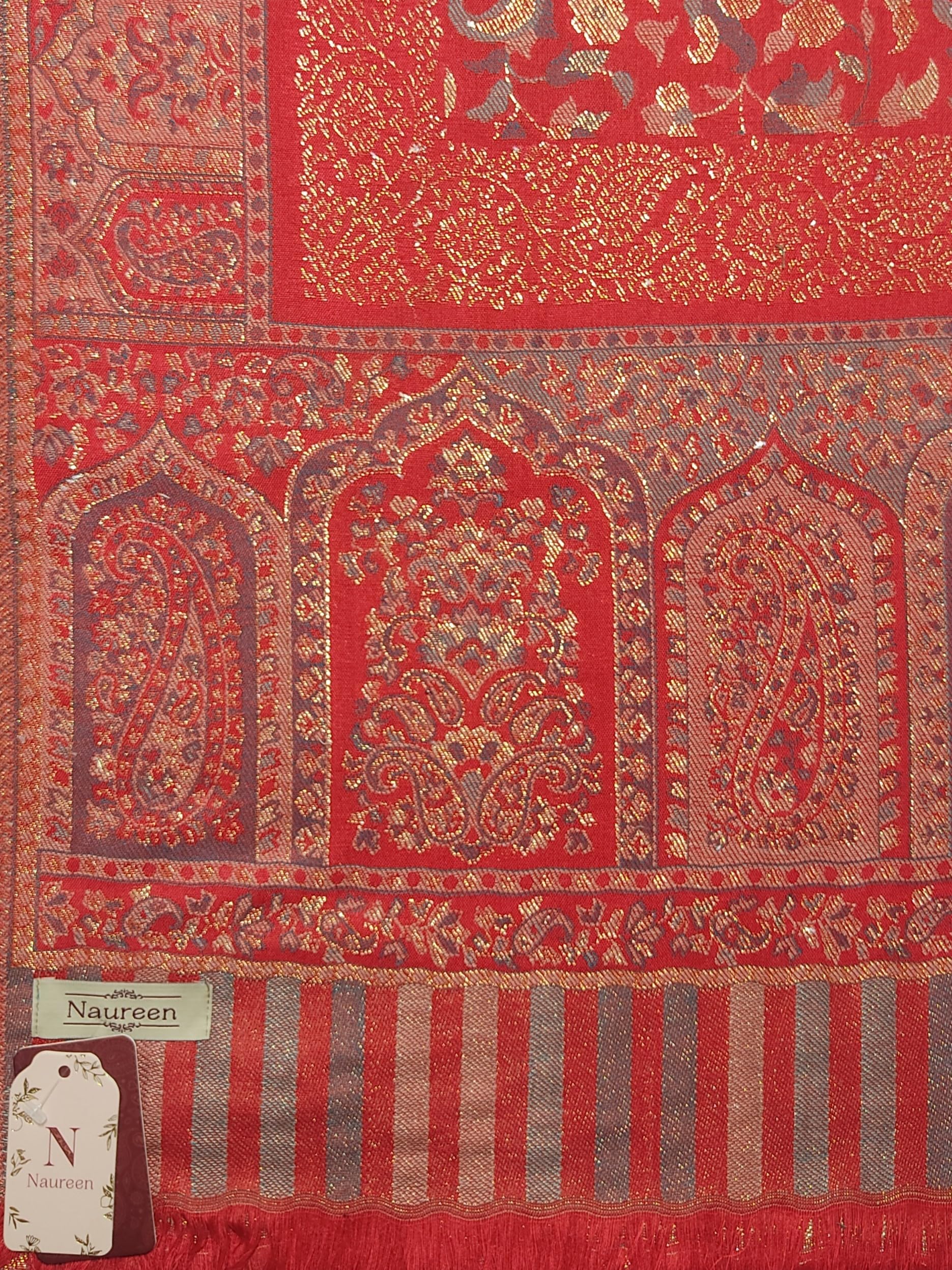 Naureen Women Faux Pashmina Kani Stole with Mughal Artwork and Zari Accents, Warm and Soft, 28x80 inch