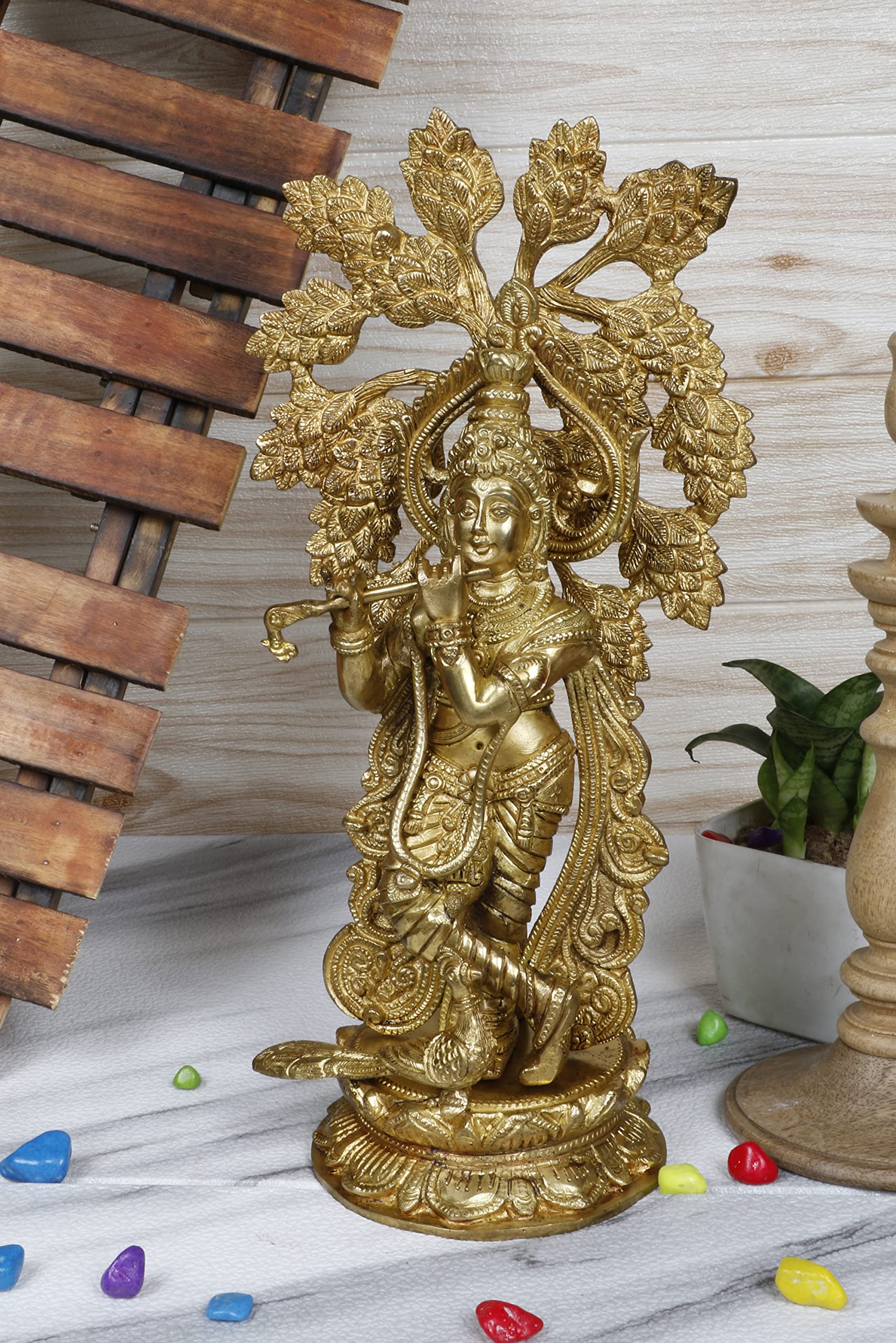 ARTVARKO Brass Krishna Idol Playing Flute with Peacock Under The Kadamba Tree, Height 15 Inches.