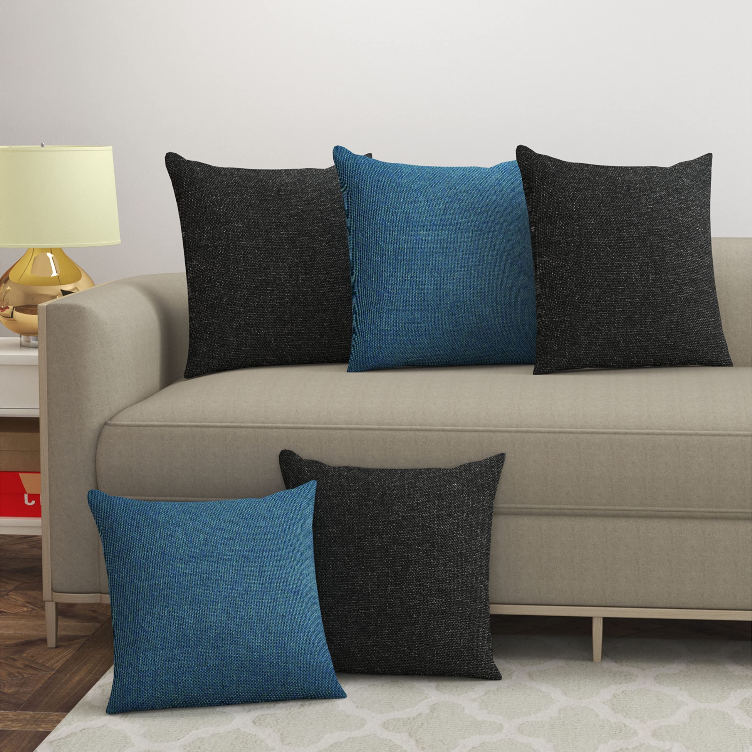 Yellow Weaves Jute Texture 250 TC Cushion Covers, 12 X 12 Inches, Multicolor, Set Of 5