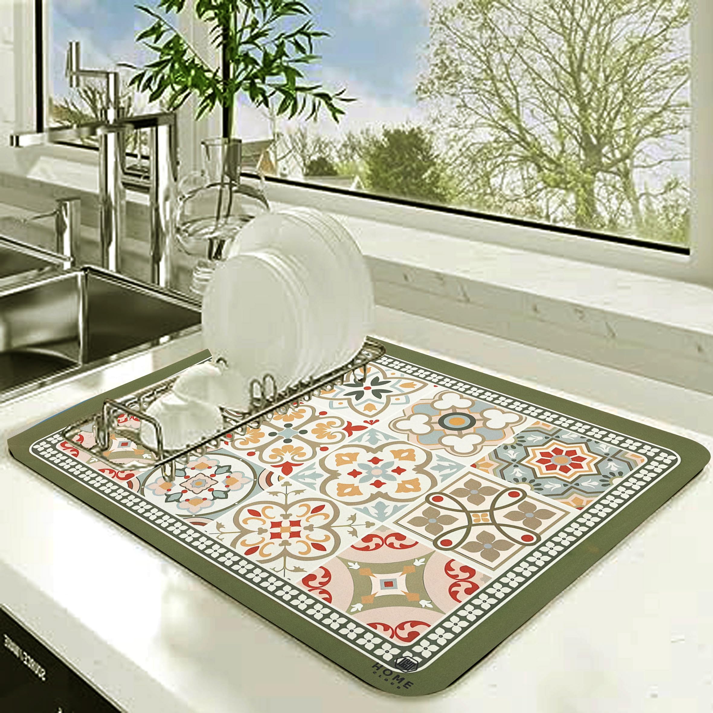HomeCloud Super Absorbent Dish Drying Mat for Kitchen Counter – Non-Slip, Heat-Resistant Rack Pad – Hides Stains, Ideal 4 Dishes, Coffee Maker, and Kitchen Appliances (Morrocan_Green, 50x40 cm) Kafalo