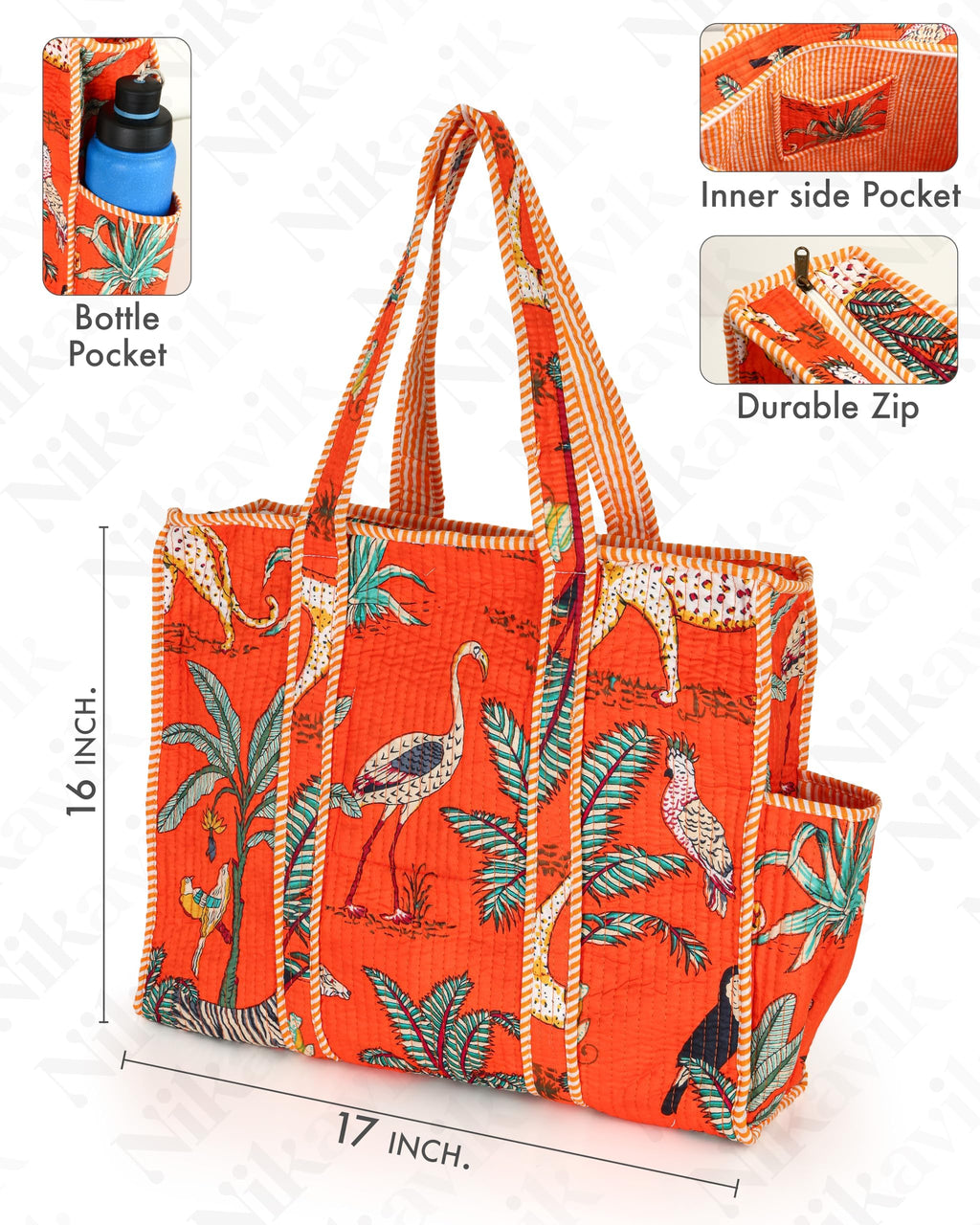 NIKAVIK Quilted Cotton Tote bag – Exotic Animal Print Foldable and Ideal for Travel Shopping Beach Trips or Daily Essentials (Orange)