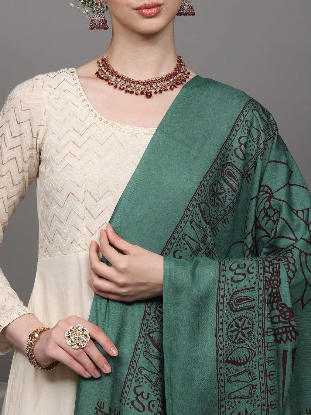 Exotic India Women's Green Printed Ganesha Prayer poly cotton Shawl