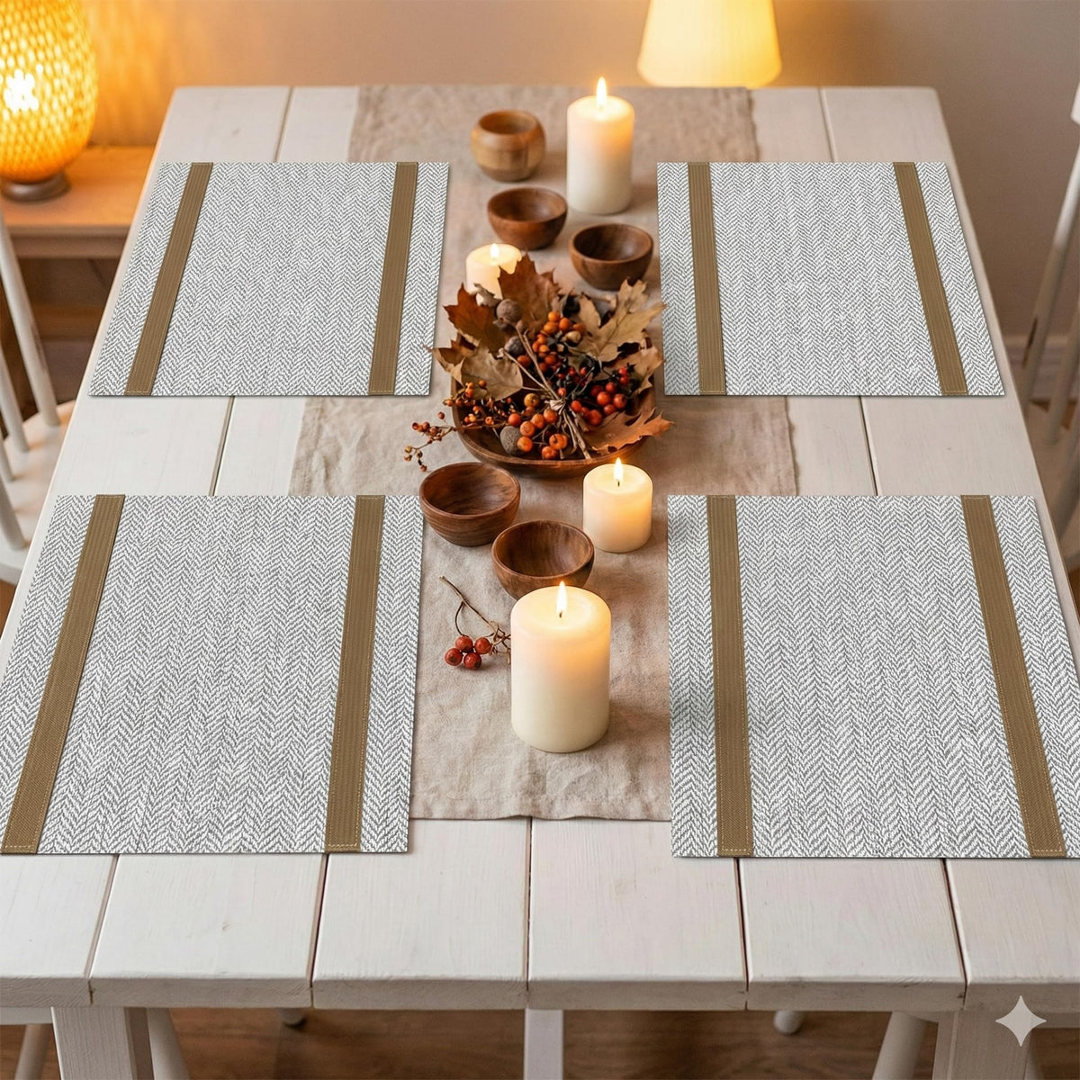 YELONA Placemats Set of 4, Heat-Resistant Woven Vinyl Table Mats, Non-Slip & Washable Dining Tablemats for Kitchen & Dinner Decor, Beige & Gold (45cm x 30cm) Kafalo