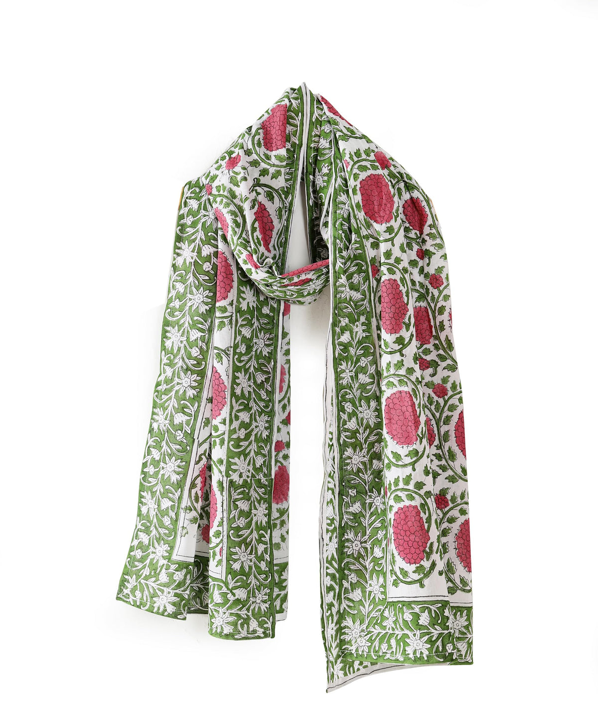 Ravaiyaa - Attitude is everything Hand Block Printed Cotton Long Stole Scarves Hijab Neck Wrap Scarf 71 X 21 Inch (Green Pink Floral)