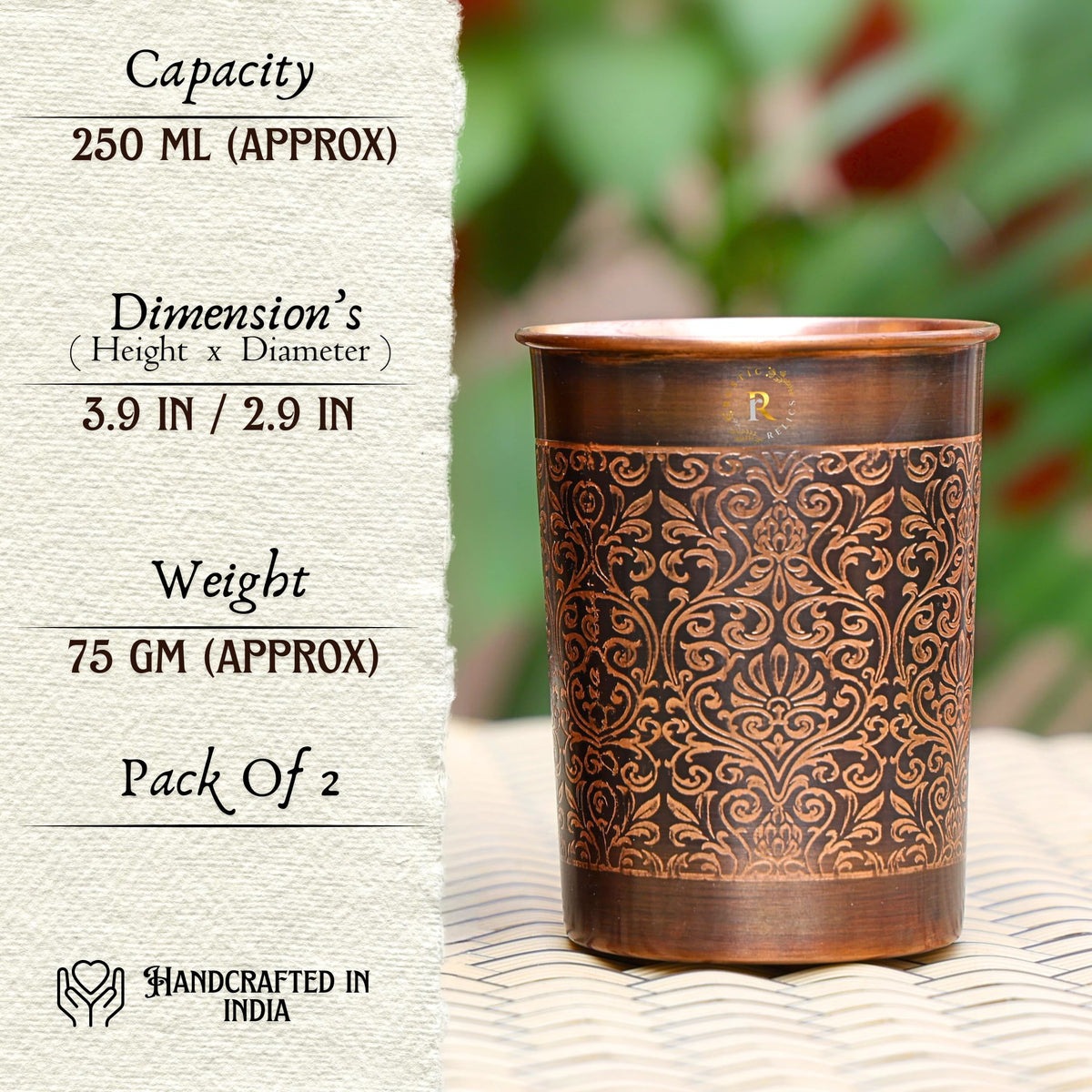 RUSTIC RELICS Pure Copper Handcrafted Glasses Set with Gift Box Set of 2 Antique Etching Design for Ayurveda Wellness | Elegant Ayurvedic Benefits | Perfect and Premium Gifting Hamper - 250ml