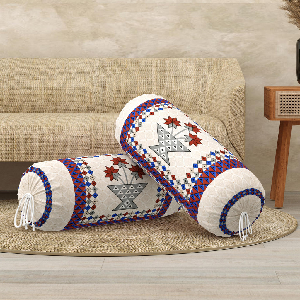 BLOCKS OF INDIA Cotton Hand Block Printed Bolster Cover | Booster Cover with Drawstring | Round Long Pillow Cover for Bed | Dewan Pillow Cover Set 16 X 32 | Set of 2 (Maroon Star)
