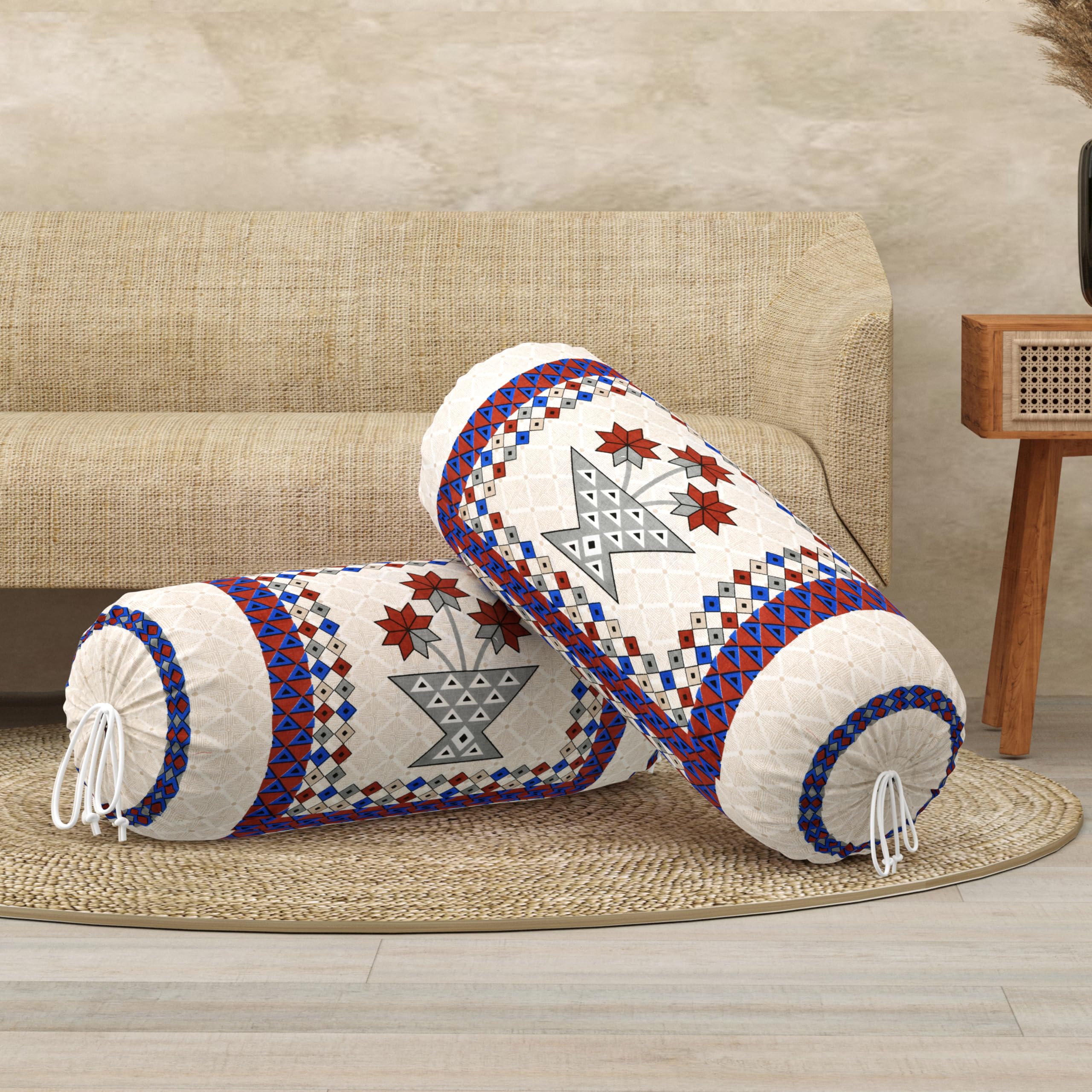 BLOCKS OF INDIA Cotton Hand Block Printed Bolster Cover | Booster Cover with Drawstring | Round Long Pillow Cover for Bed | Dewan Pillow Cover Set 16 X 32 | Set of 2 (Maroon Star)