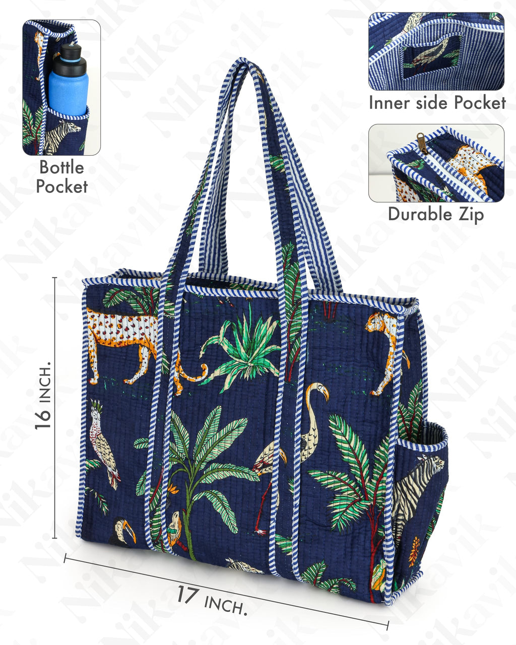 NIKAVIK 1 Tote Bags and 3 Pouch Quilted fabric Handblock Printed Tote Bag(with zip) and bottle compartment with Matching Pouches (Blue)