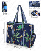 NIKAVIK 1 Tote Bags and 3 Pouch Quilted fabric Handblock Printed Tote Bag(with zip) and bottle compartment with Matching Pouches (Blue)