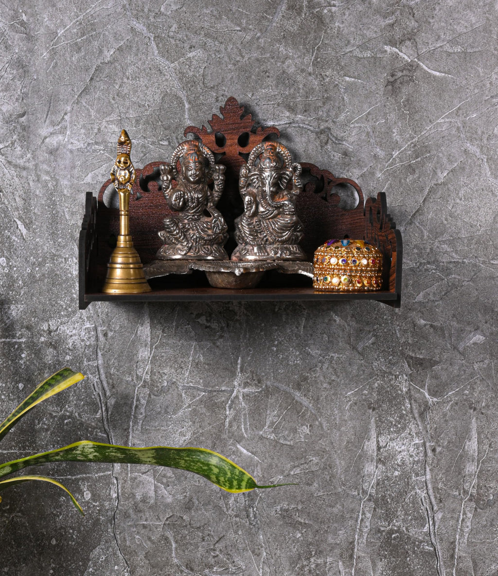 GOJEEVA KRAFT Engineered Wood Hand Crafted Carved Pattern Home Temple for Idols Temple for Home and Office I Premium Om Engraved | Set Top Box Stand I Wooden Mandir (Pack of 1) (Medium)