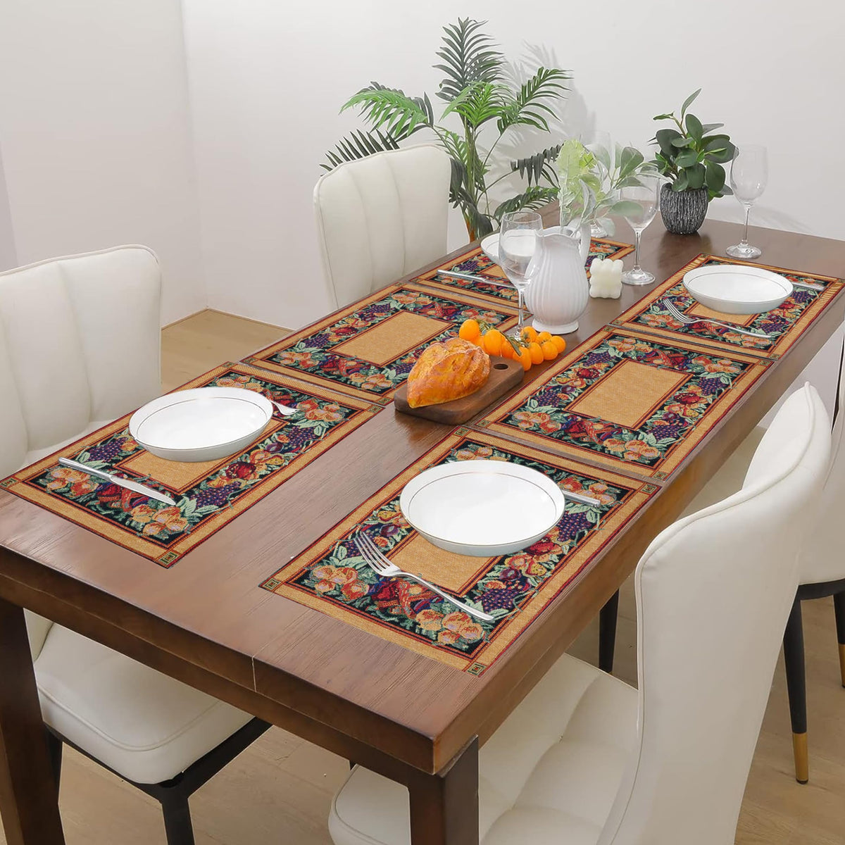 PRAKARTIK BY INDUARTS Fruit and Veggie Border Design Eco-Friendly Cotton Dining Rectangular Table mats - Reusable, Machine Washable, Everyday Use Bronze & Green Placemats, Set of 6 (33x47 cm) Kafalo